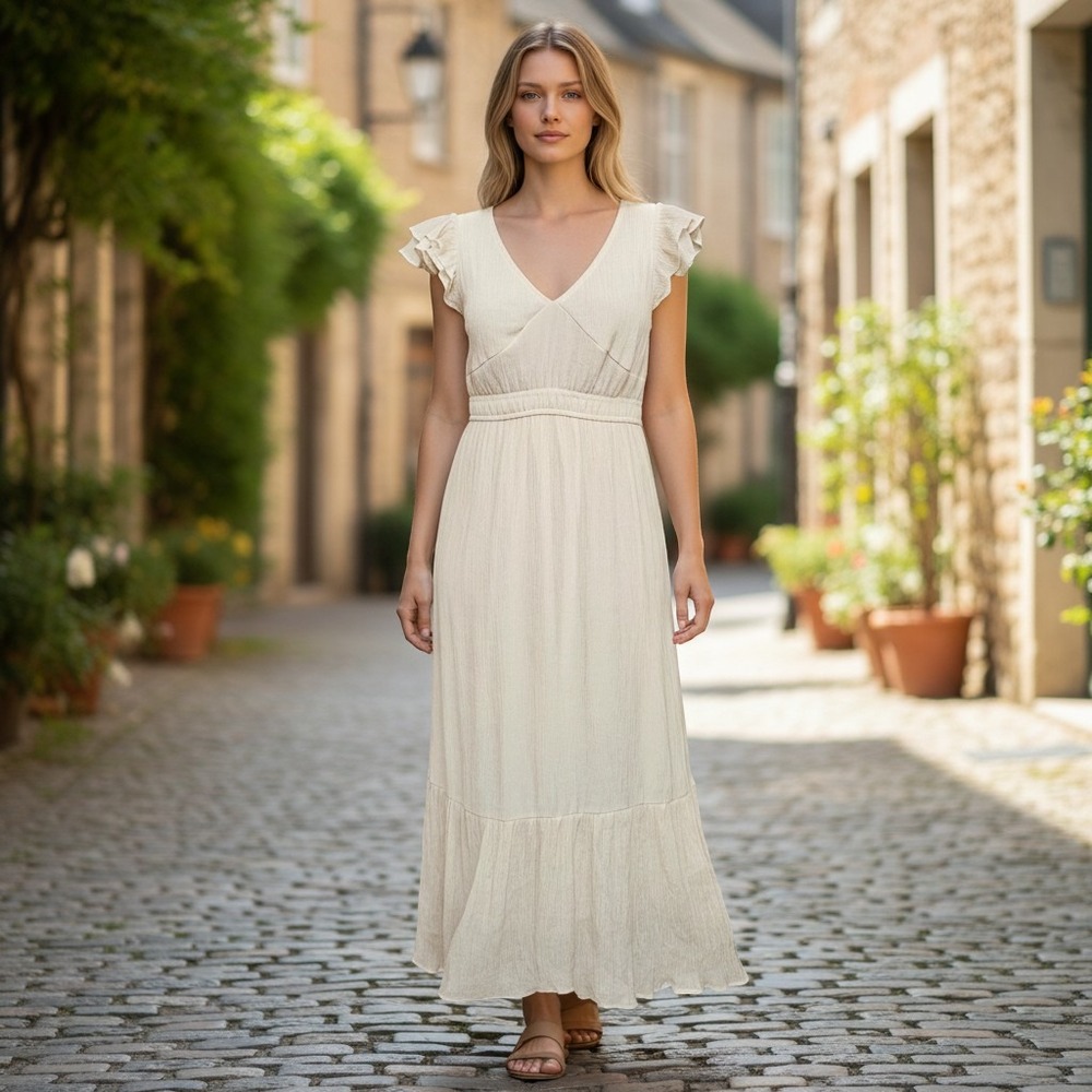 Mine Women Cream Ruffle‎ Cap Sleeve Smocked Waist Maxi Dress Size L Peasant Boho
